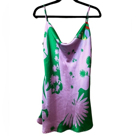 Rare Zara Pink & Green Matisse Print Satin Short Slip Dress L - Picture 3 of 7